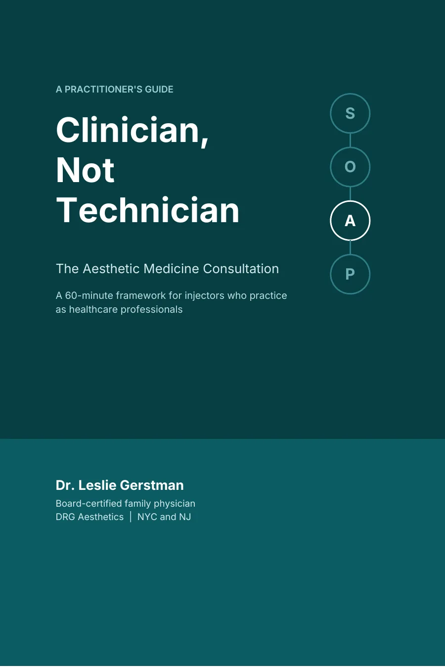 Cover of Clinician, Not Technician by Dr. Leslie Gerstman: a dark teal cover with an S, O, A, P circle motif
