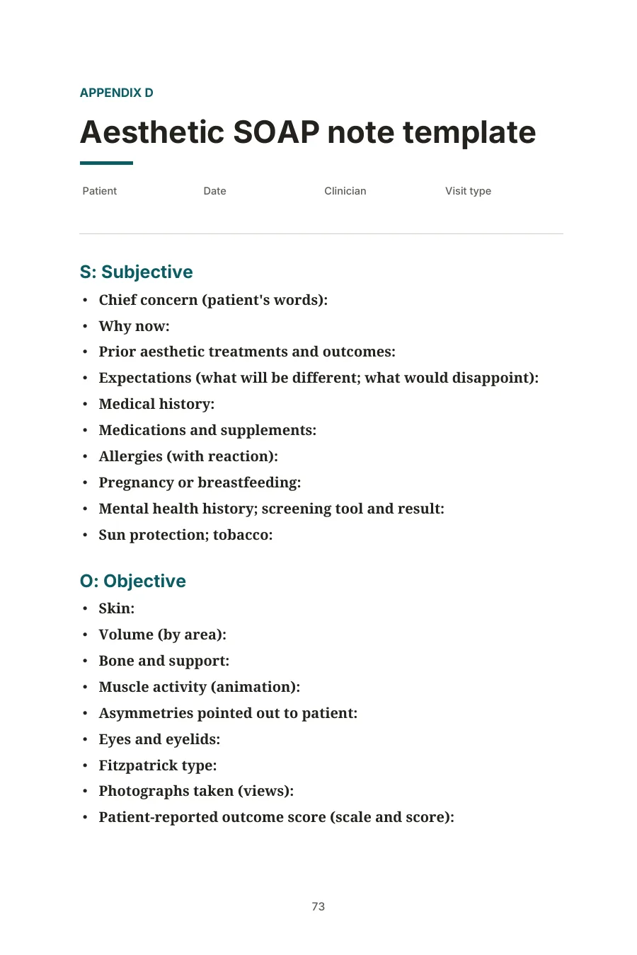 Sample page from Appendix D: the aesthetic SOAP note template