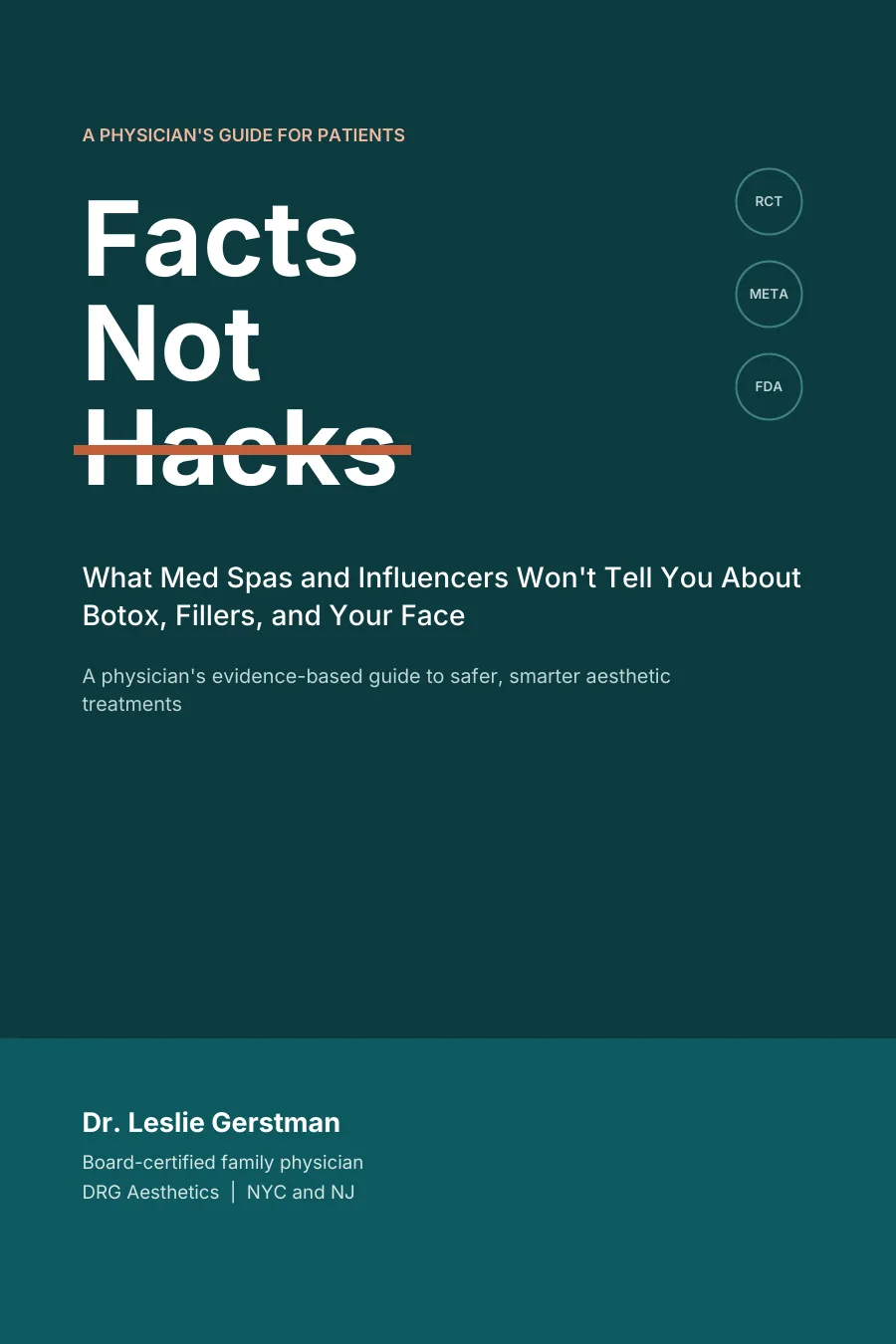 Cover of Facts Not Hacks by Dr. Leslie Gerstman: a dark teal cover with the word Hacks struck through