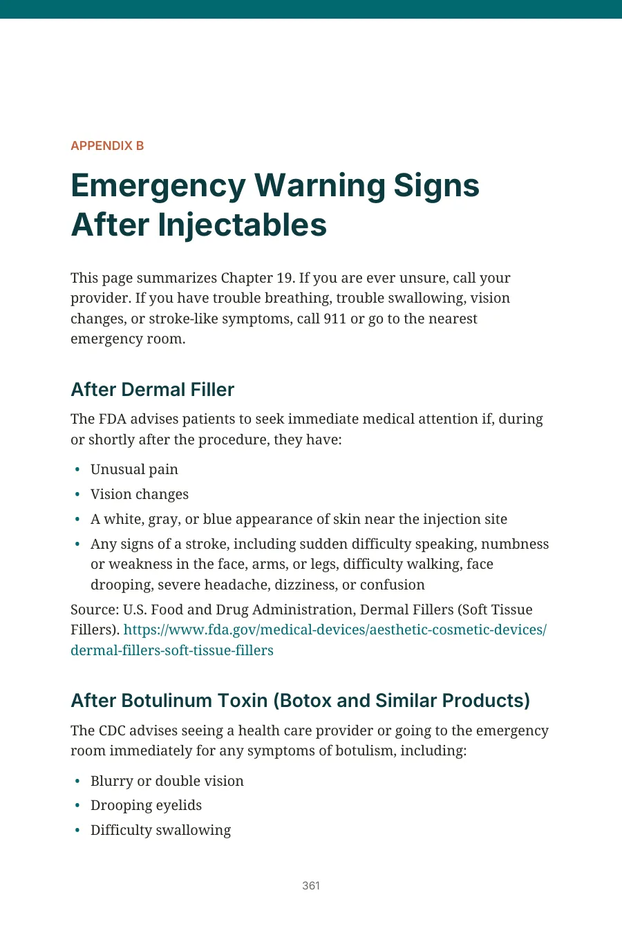 Sample page from Appendix B listing FDA and CDC emergency warning signs after injectables
